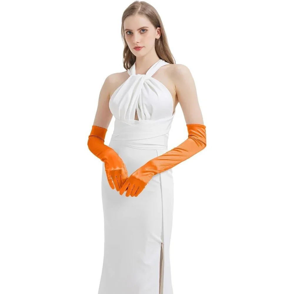 Women's Orange Imported Satin Elbow Length Halloween Cosplay Opera Gloves
